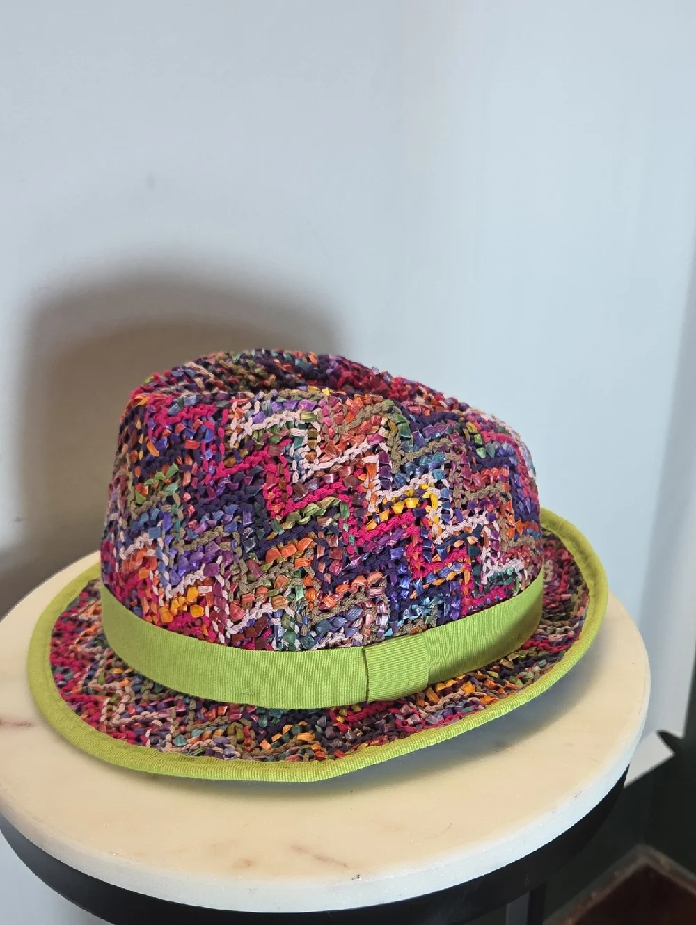 Danielle Meucci Multicolor Crochet Fedora Hat with Lime Trim